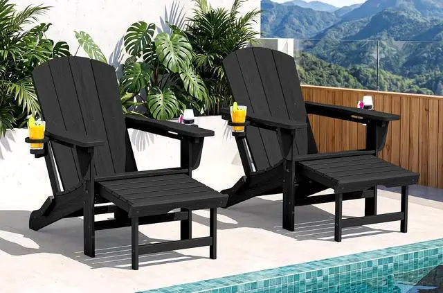 Main image of Folding Adjustable Adirondack Chairs with Footrest Set of 2, HDPE Outdoor Chair with Dual Cup Holders, All Weather Adirondack Chair with Ottoman, Black
