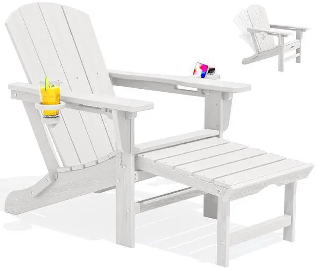 Main image of Folding Adjustable Adirondack Chair with Footrest, HDPE Outdoor Chair with Dual Cup Holders, All Weather Adirondack Chair with Ottoman, White