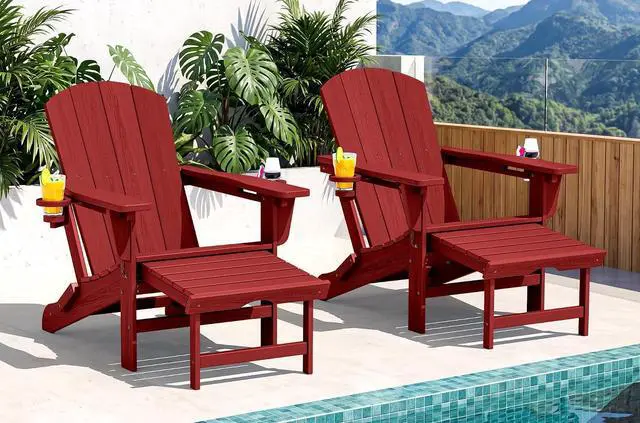 Main image of Folding Adjustable Adirondack Chairs with Footrest Set of 2, HDPE Outdoor Chair with Dual Cup Holders, All Weather Adirondack Chair with Ottoman, Red