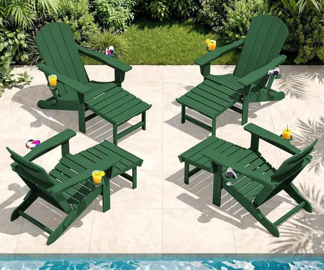 Main image of Folding Adjustable Adirondack Chairs with Footrest Set of 4, HDPE Outdoor Chair with Dual Cup Holders, All Weather Adirondack Chair with Ottoman, Green