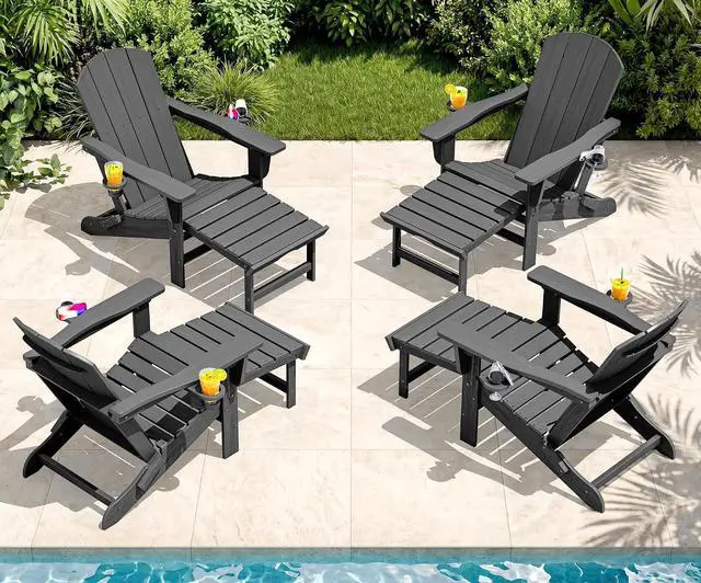 Main image of Folding Adjustable Adirondack Chairs with Footrest Set of 4, HDPE Outdoor Chair with Dual Cup Holders, All Weather Adirondack Chair with Ottoman, Gray