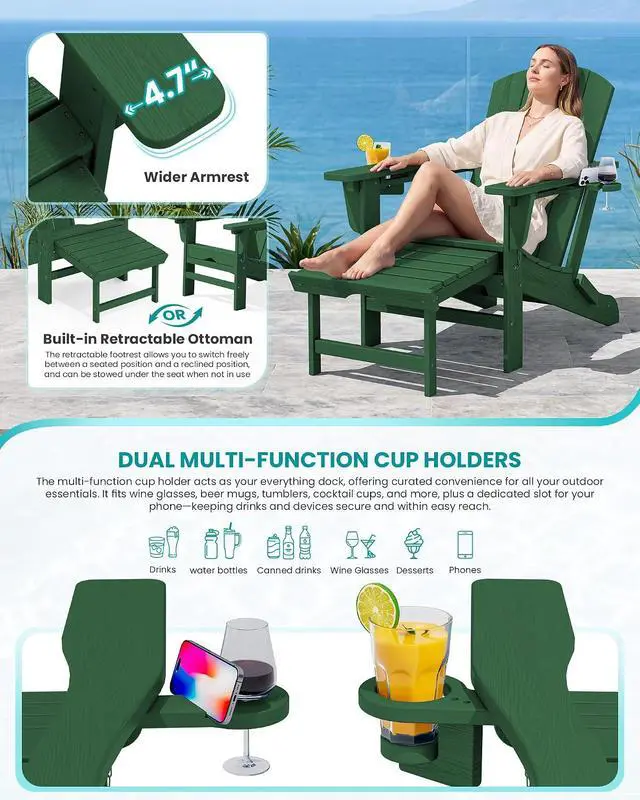 Alt view image 3 of 7 - Folding Adjustable Adirondack Chairs with Footrest Set of 2, HDPE Outdoor Chair with Dual Cup Holders, All Weather Adirondack Chair with Ottoman, Green