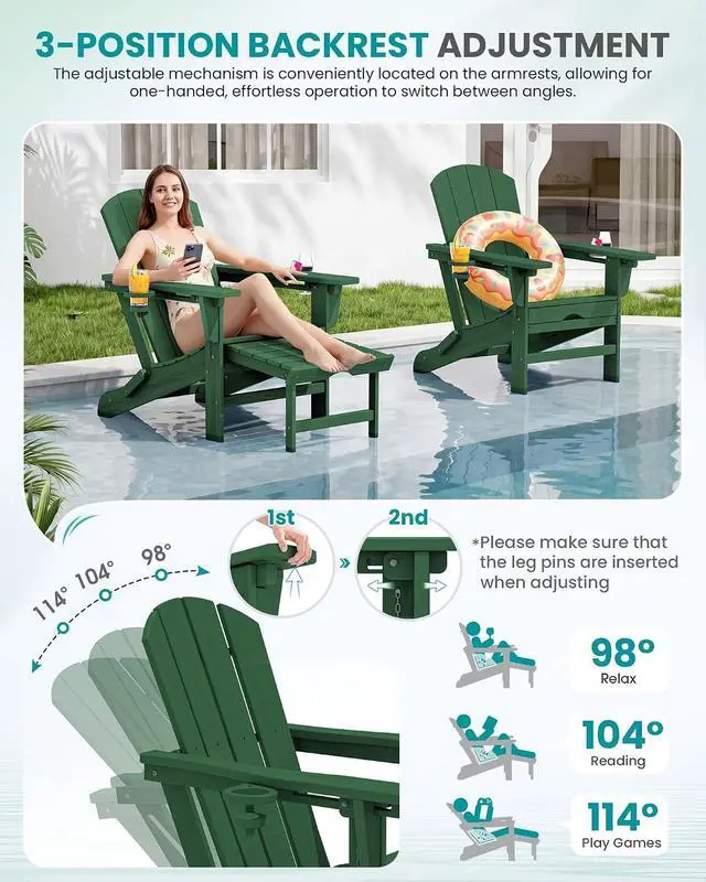 Alt view image 2 of 7 - Folding Adjustable Adirondack Chairs with Footrest Set of 2, HDPE Outdoor Chair with Dual Cup Holders, All Weather Adirondack Chair with Ottoman, Green