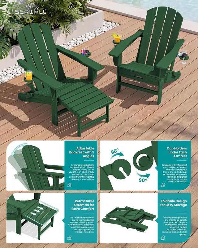 Alt view image 4 of 7 - Folding Adjustable Adirondack Chairs with Footrest Set of 2, HDPE Outdoor Chair with Dual Cup Holders, All Weather Adirondack Chair with Ottoman, Green