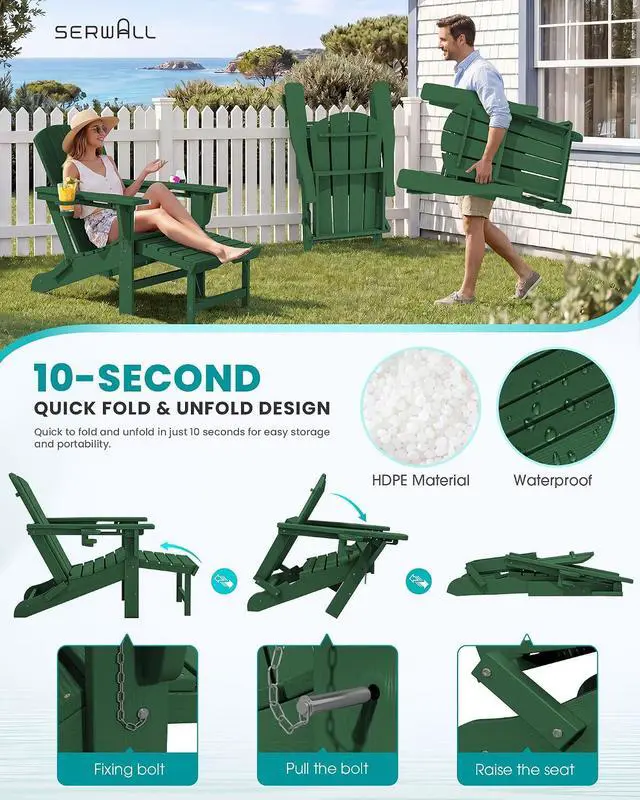 Alt view image 5 of 7 - Folding Adjustable Adirondack Chairs with Footrest Set of 2, HDPE Outdoor Chair with Dual Cup Holders, All Weather Adirondack Chair with Ottoman, Green