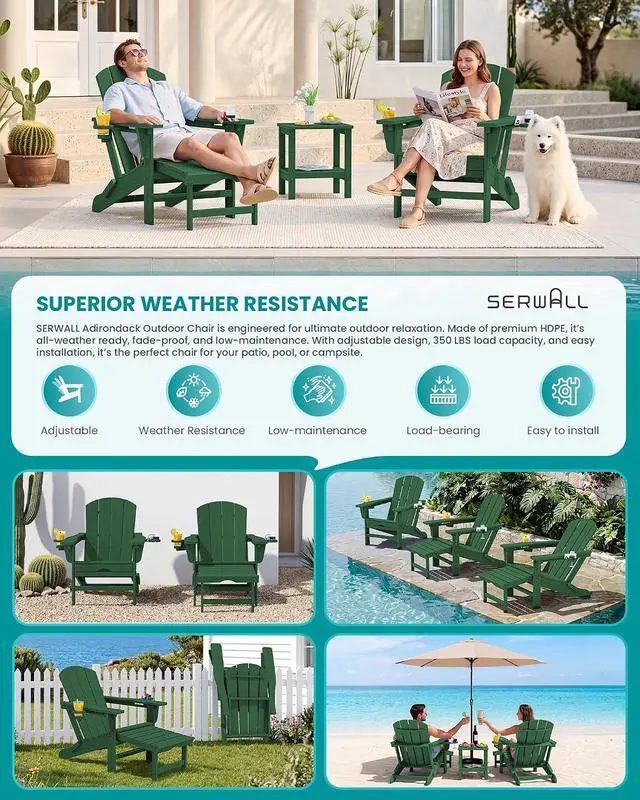 Alt view image 6 of 7 - Folding Adjustable Adirondack Chairs with Footrest Set of 2, HDPE Outdoor Chair with Dual Cup Holders, All Weather Adirondack Chair with Ottoman, Green