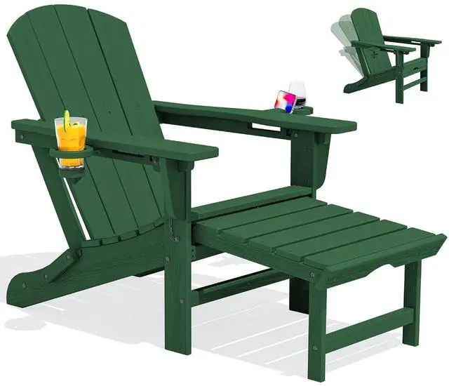 Main image of Folding Adjustable Adirondack Chair with Footrest, HDPE Outdoor Chair with Dual Cup Holders, All Weather Adirondack Chair with Ottoman, Green