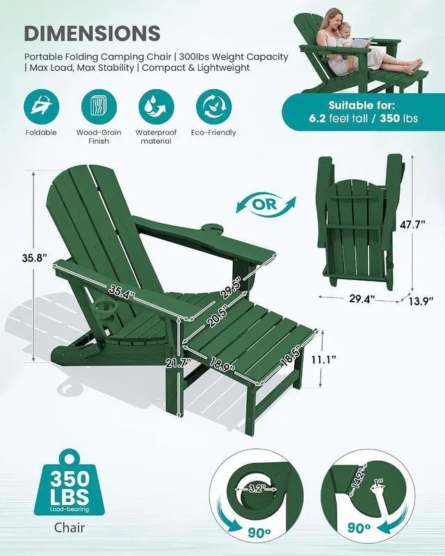 Alt view image 7 of 7 - Folding Adjustable Adirondack Chairs with Footrest Set of 2, HDPE Outdoor Chair with Dual Cup Holders, All Weather Adirondack Chair with Ottoman, Green