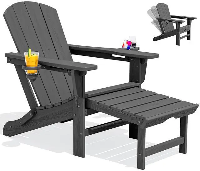Main image of Folding Adjustable Adirondack Chair with Footrest, HDPE Outdoor Chair with Dual Cup Holders, All Weather Adirondack Chair with Ottoman, Gray