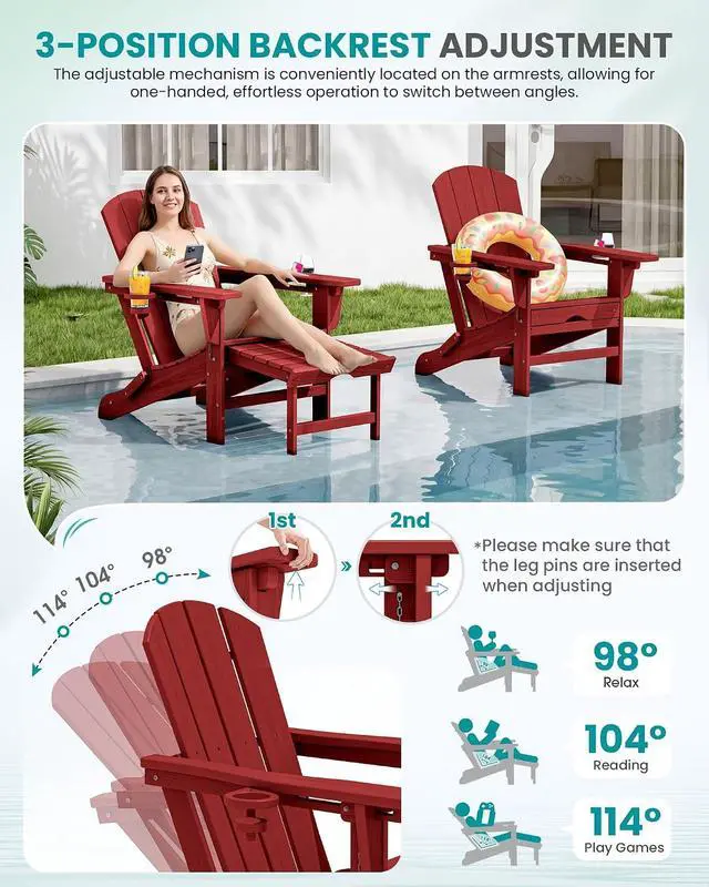 Alt view image 2 of 7 - Folding Adjustable Adirondack Chairs with Footrest Set of 4, HDPE Outdoor Chair with Dual Cup Holders, All Weather Adirondack Chair with Ottoman, Red