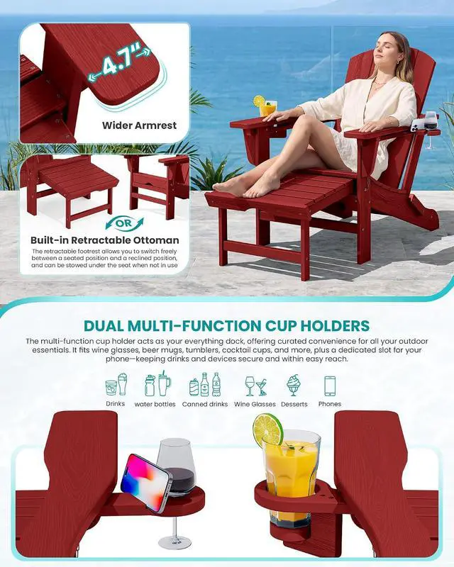 Alt view image 3 of 7 - Folding Adjustable Adirondack Chairs with Footrest Set of 4, HDPE Outdoor Chair with Dual Cup Holders, All Weather Adirondack Chair with Ottoman, Red