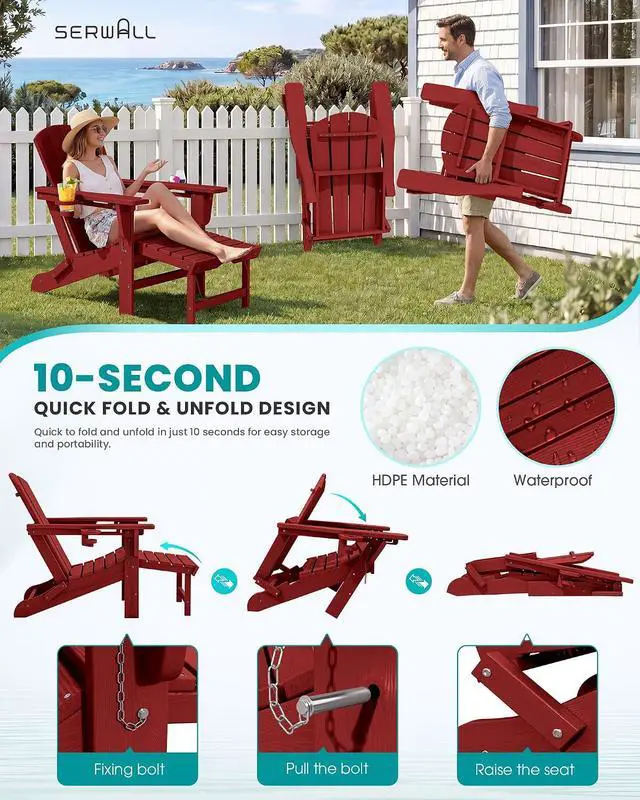 Alt view image 5 of 7 - Folding Adjustable Adirondack Chairs with Footrest Set of 4, HDPE Outdoor Chair with Dual Cup Holders, All Weather Adirondack Chair with Ottoman, Red