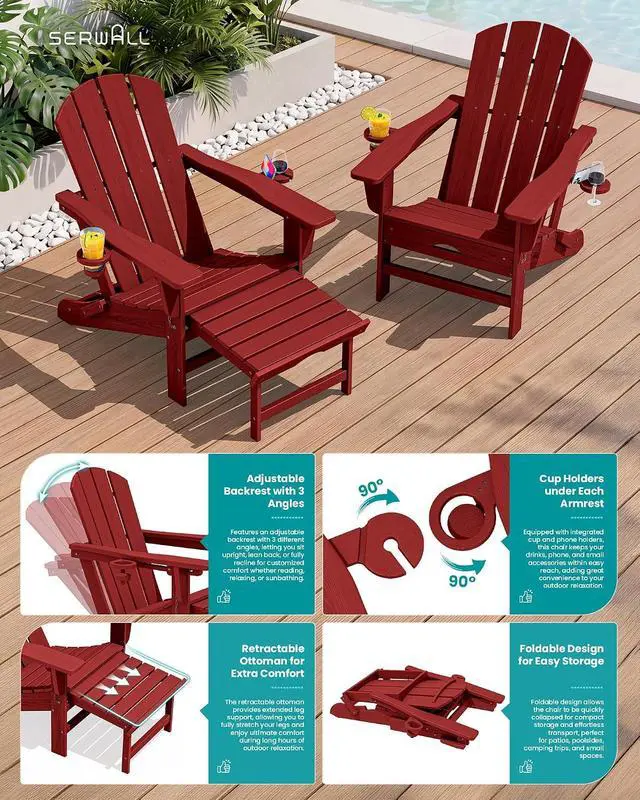Alt view image 4 of 7 - Folding Adjustable Adirondack Chairs with Footrest Set of 4, HDPE Outdoor Chair with Dual Cup Holders, All Weather Adirondack Chair with Ottoman, Red