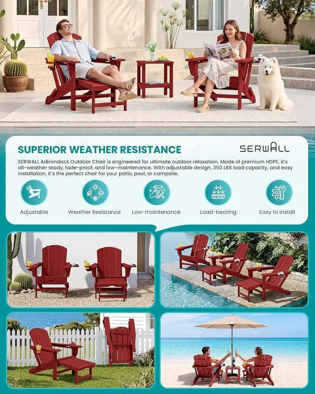 Alt view image 6 of 7 - Folding Adjustable Adirondack Chairs with Footrest Set of 4, HDPE Outdoor Chair with Dual Cup Holders, All Weather Adirondack Chair with Ottoman, Red
