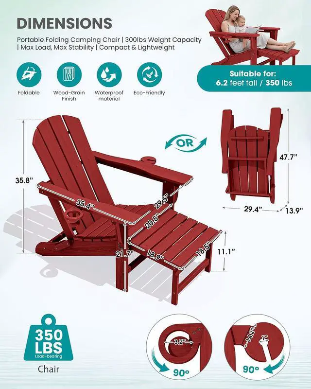 Alt view image 7 of 7 - Folding Adjustable Adirondack Chairs with Footrest Set of 4, HDPE Outdoor Chair with Dual Cup Holders, All Weather Adirondack Chair with Ottoman, Red