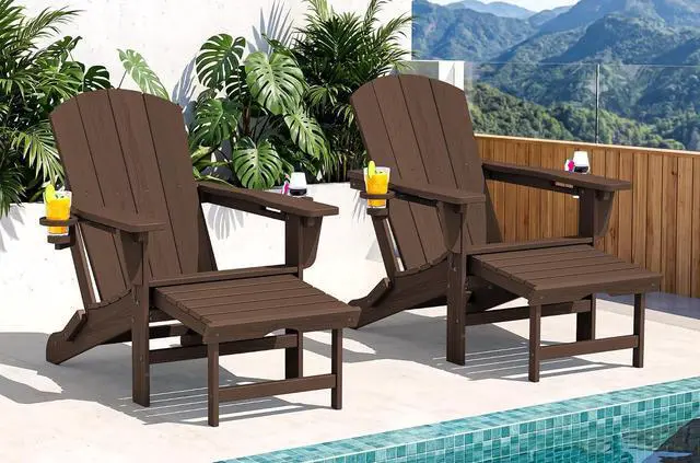 Main image of Folding Adjustable Adirondack Chairs with Footrest Set of 2, HDPE Outdoor Chair with Dual Cup Holders, All Weather Adirondack Chair with Ottoman, Coffee