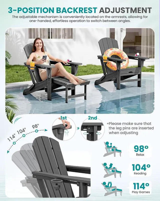 Alt view image 2 of 7 - Folding Adjustable Adirondack Chair with Footrest, HDPE Outdoor Chair with Dual Cup Holders, All Weather Adirondack Chair with Ottoman, Gray