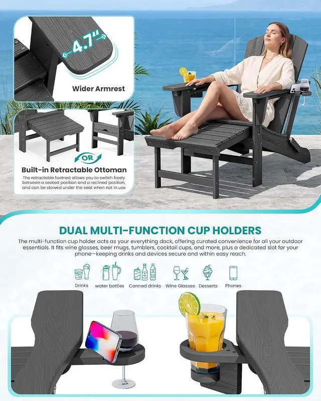 Alt view image 3 of 7 - Folding Adjustable Adirondack Chair with Footrest, HDPE Outdoor Chair with Dual Cup Holders, All Weather Adirondack Chair with Ottoman, Gray