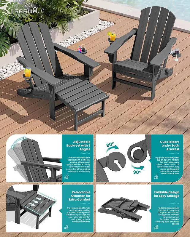 Alt view image 4 of 7 - Folding Adjustable Adirondack Chair with Footrest, HDPE Outdoor Chair with Dual Cup Holders, All Weather Adirondack Chair with Ottoman, Gray