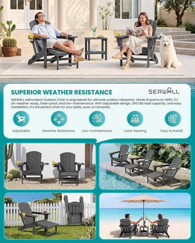 Alt view image 6 of 7 - Folding Adjustable Adirondack Chair with Footrest, HDPE Outdoor Chair with Dual Cup Holders, All Weather Adirondack Chair with Ottoman, Gray