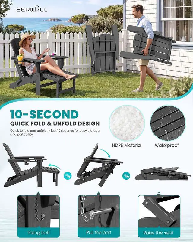 Alt view image 5 of 7 - Folding Adjustable Adirondack Chair with Footrest, HDPE Outdoor Chair with Dual Cup Holders, All Weather Adirondack Chair with Ottoman, Gray