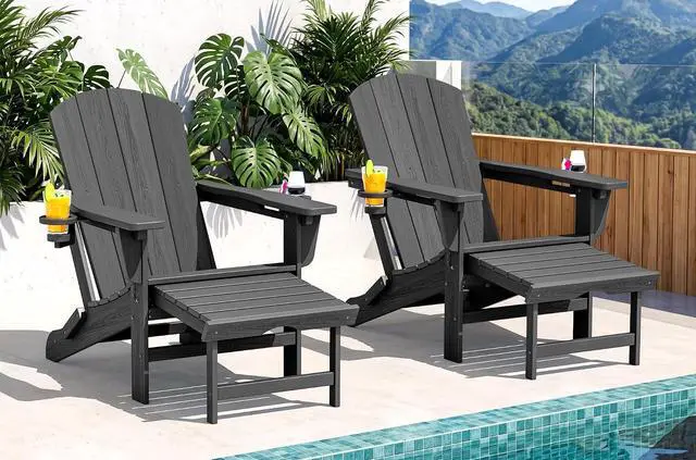 Main image of Folding Adjustable Adirondack Chairs with Footrest Set of 2, HDPE Outdoor Chair with Dual Cup Holders, All Weather Adirondack Chair with Ottoman, Gray