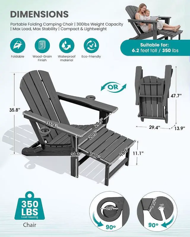 Alt view image 7 of 7 - Folding Adjustable Adirondack Chair with Footrest, HDPE Outdoor Chair with Dual Cup Holders, All Weather Adirondack Chair with Ottoman, Gray