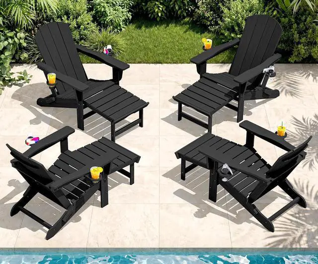 Main image of Folding Adjustable Adirondack Chairs with Footrest Set of 4, HDPE Outdoor Chair with Dual Cup Holders, All Weather Adirondack Chair with Ottoman, Black
