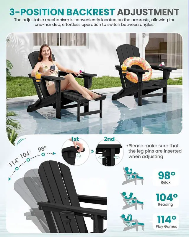 Alt view image 2 of 7 - Folding Adjustable Adirondack Chairs with Footrest Set of 4, HDPE Outdoor Chair with Dual Cup Holders, All Weather Adirondack Chair with Ottoman, Black
