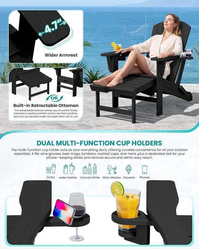 Alt view image 3 of 7 - Folding Adjustable Adirondack Chairs with Footrest Set of 4, HDPE Outdoor Chair with Dual Cup Holders, All Weather Adirondack Chair with Ottoman, Black