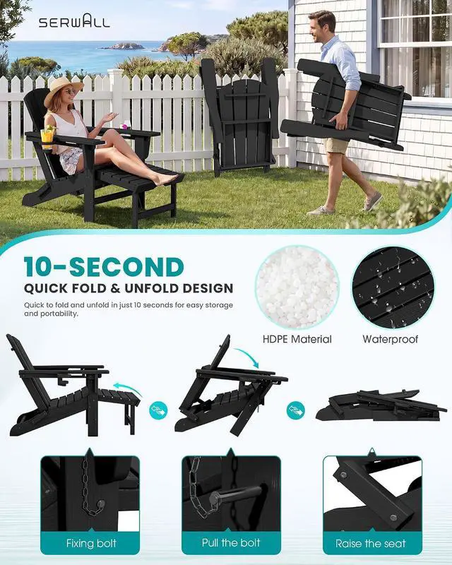 Alt view image 5 of 7 - Folding Adjustable Adirondack Chairs with Footrest Set of 4, HDPE Outdoor Chair with Dual Cup Holders, All Weather Adirondack Chair with Ottoman, Black