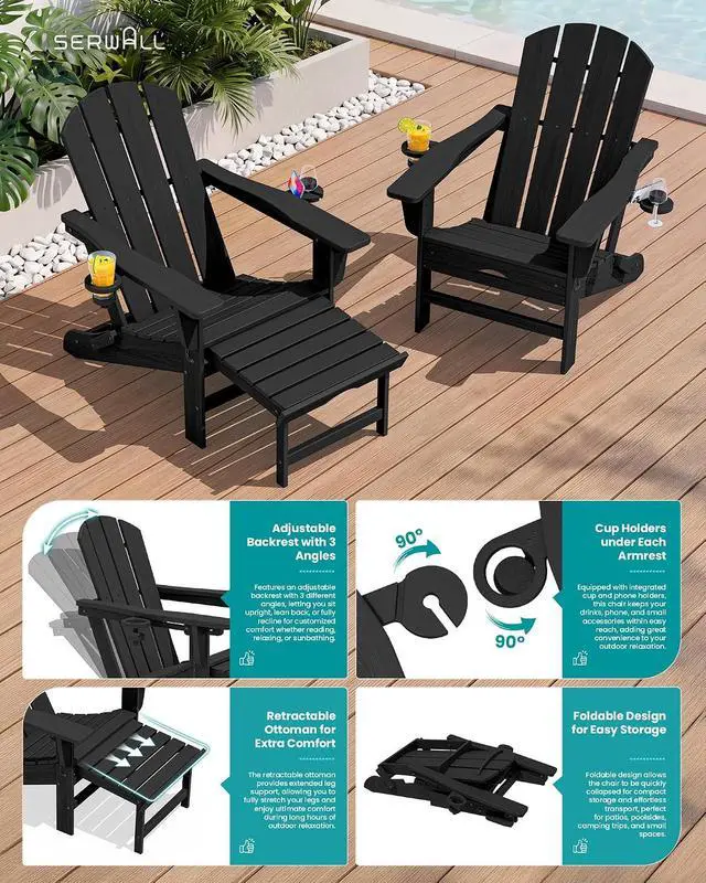 Alt view image 4 of 7 - Folding Adjustable Adirondack Chairs with Footrest Set of 4, HDPE Outdoor Chair with Dual Cup Holders, All Weather Adirondack Chair with Ottoman, Black