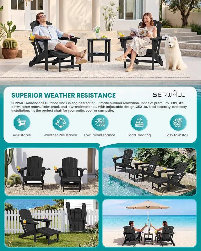 Alt view image 6 of 7 - Folding Adjustable Adirondack Chairs with Footrest Set of 4, HDPE Outdoor Chair with Dual Cup Holders, All Weather Adirondack Chair with Ottoman, Black