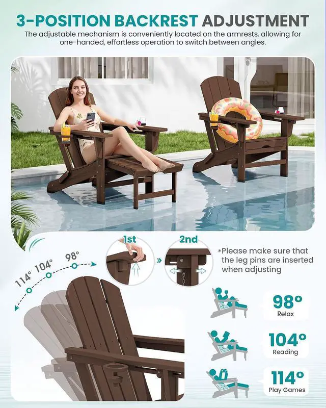 Alt view image 2 of 7 - Folding Adjustable Adirondack Chairs with Footrest Set of 4, HDPE Outdoor Chair with Dual Cup Holders, All Weather Adirondack Chair with Ottoman, Coffee