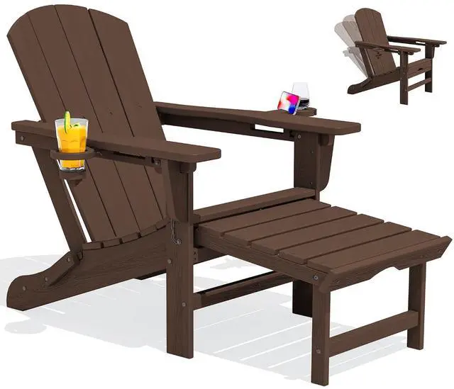 Main image of Folding Adjustable Adirondack Chair with Footrest, HDPE Outdoor Chair with Dual Cup Holders, All Weather Adirondack Chair with Ottoman, Coffee