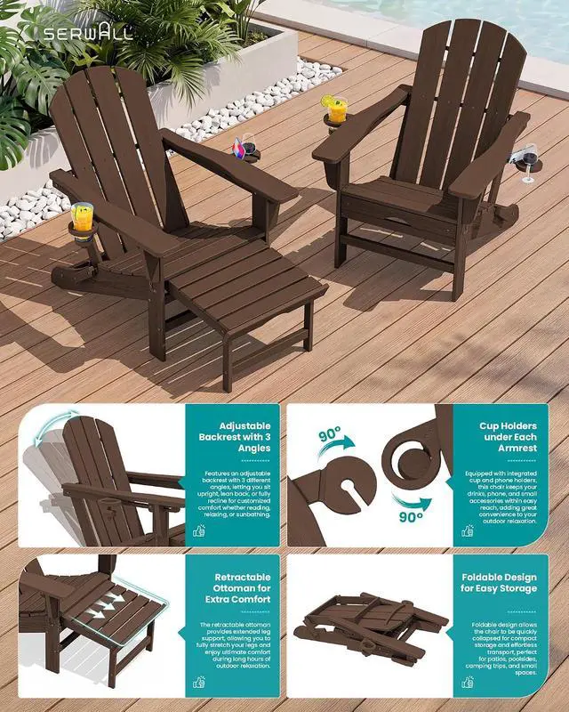 Alt view image 4 of 7 - Folding Adjustable Adirondack Chairs with Footrest Set of 4, HDPE Outdoor Chair with Dual Cup Holders, All Weather Adirondack Chair with Ottoman, Coffee