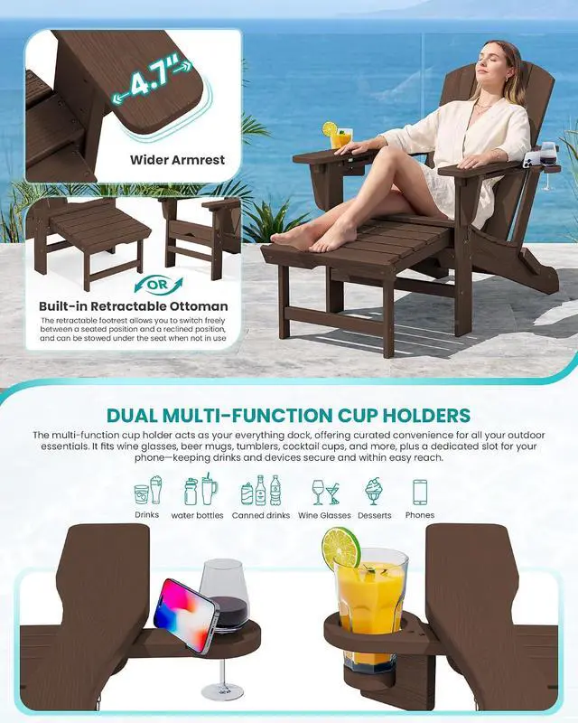 Alt view image 3 of 7 - Folding Adjustable Adirondack Chairs with Footrest Set of 4, HDPE Outdoor Chair with Dual Cup Holders, All Weather Adirondack Chair with Ottoman, Coffee