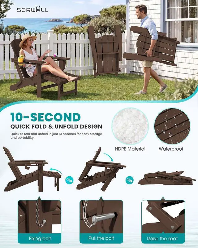 Alt view image 5 of 7 - Folding Adjustable Adirondack Chairs with Footrest Set of 4, HDPE Outdoor Chair with Dual Cup Holders, All Weather Adirondack Chair with Ottoman, Coffee