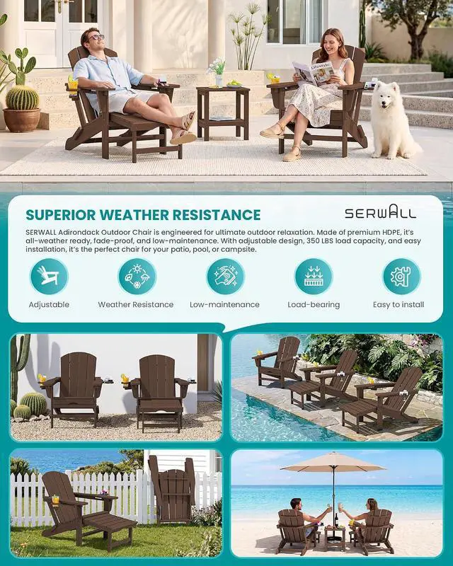 Alt view image 6 of 7 - Folding Adjustable Adirondack Chairs with Footrest Set of 4, HDPE Outdoor Chair with Dual Cup Holders, All Weather Adirondack Chair with Ottoman, Coffee