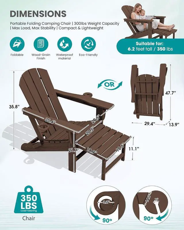 Alt view image 7 of 7 - Folding Adjustable Adirondack Chairs with Footrest Set of 4, HDPE Outdoor Chair with Dual Cup Holders, All Weather Adirondack Chair with Ottoman, Coffee