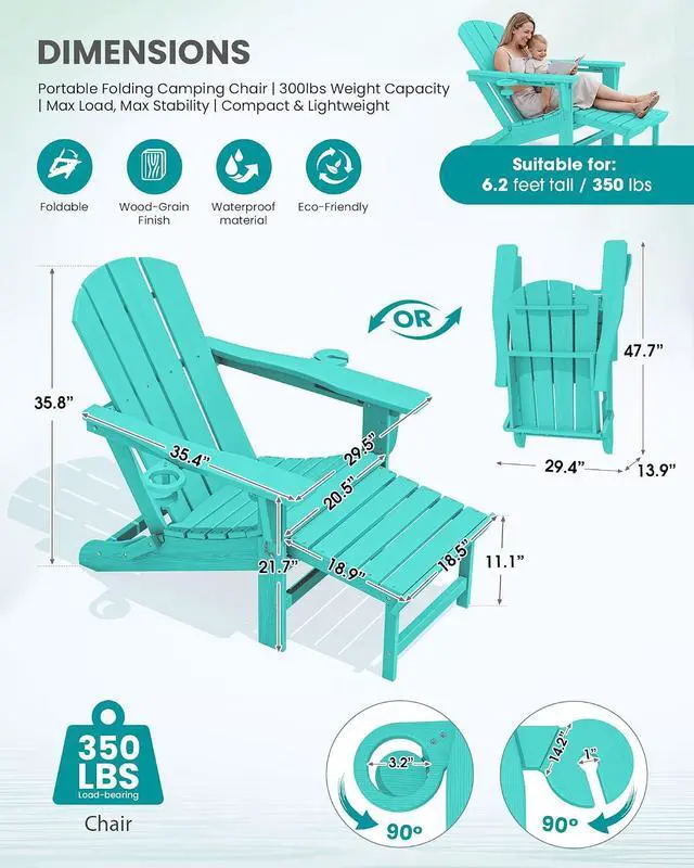 Alt view image 2 of 7 - Folding Adjustable Adirondack Chair with Footrest, HDPE Outdoor Chair with Dual Cup Holders, All Weather Adirondack Chair with Ottoman, Aruba