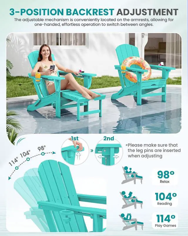 Alt view image 3 of 7 - Folding Adjustable Adirondack Chair with Footrest, HDPE Outdoor Chair with Dual Cup Holders, All Weather Adirondack Chair with Ottoman, Aruba