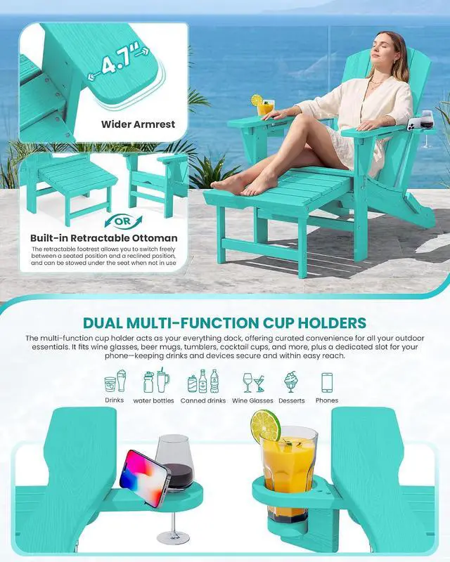 Alt view image 4 of 7 - Folding Adjustable Adirondack Chair with Footrest, HDPE Outdoor Chair with Dual Cup Holders, All Weather Adirondack Chair with Ottoman, Aruba