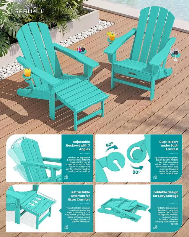 Alt view image 5 of 7 - Folding Adjustable Adirondack Chair with Footrest, HDPE Outdoor Chair with Dual Cup Holders, All Weather Adirondack Chair with Ottoman, Aruba