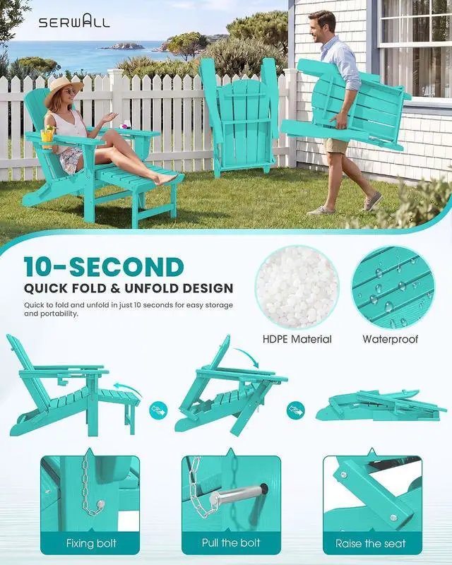 Alt view image 6 of 7 - Folding Adjustable Adirondack Chair with Footrest, HDPE Outdoor Chair with Dual Cup Holders, All Weather Adirondack Chair with Ottoman, Aruba