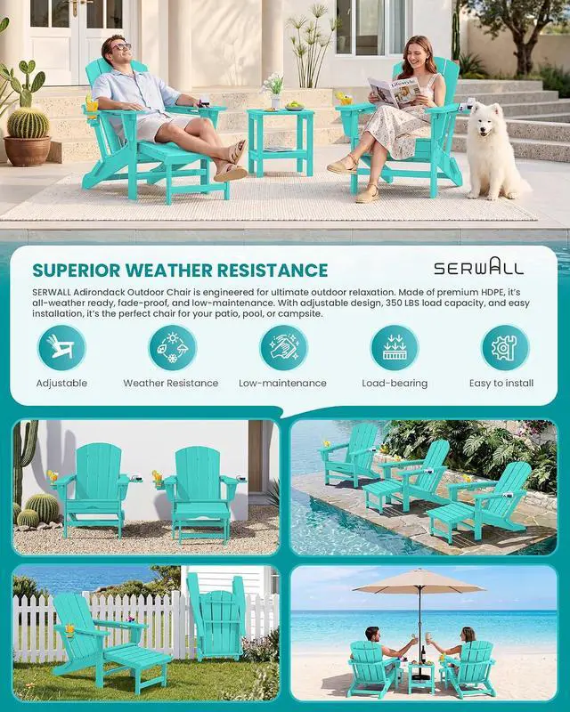 Alt view image 7 of 7 - Folding Adjustable Adirondack Chair with Footrest, HDPE Outdoor Chair with Dual Cup Holders, All Weather Adirondack Chair with Ottoman, Aruba