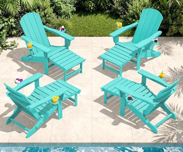 Main image of Folding Adjustable Adirondack Chairs with Footrest Set of 4, HDPE Outdoor Chair with Dual Cup Holders, All Weather Adirondack Chair with Ottoman, Aruba