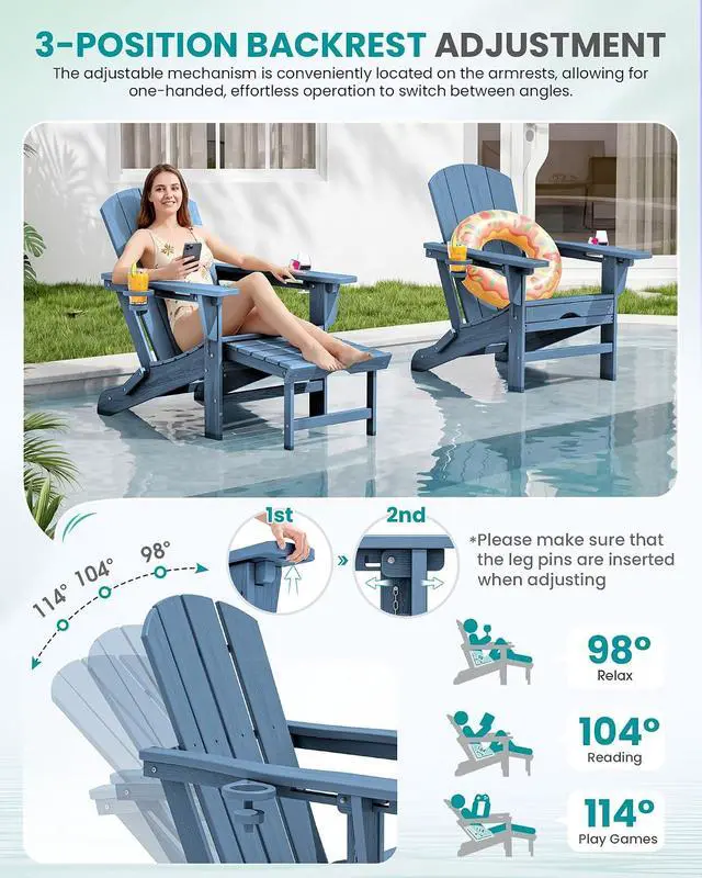 Alt view image 2 of 7 - Folding Adjustable Adirondack Chairs with Footrest Set of 2, HDPE Outdoor Chair with Dual Cup Holders, All Weather Adirondack Chair with Ottoman, Blue
