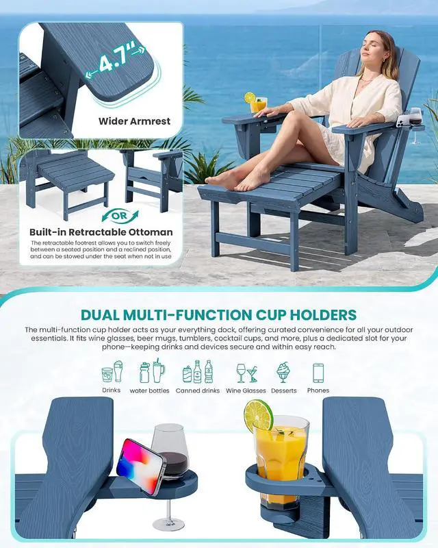 Alt view image 3 of 7 - Folding Adjustable Adirondack Chairs with Footrest Set of 2, HDPE Outdoor Chair with Dual Cup Holders, All Weather Adirondack Chair with Ottoman, Blue