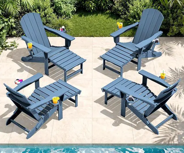 Main image of Folding Adjustable Adirondack Chairs with Footrest Set of 4, HDPE Outdoor Chair with Dual Cup Holders, All Weather Adirondack Chair with Ottoman, Blue